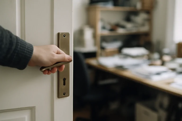 Main ouvrant une porte, intérieur encombré en arrière-plan flou