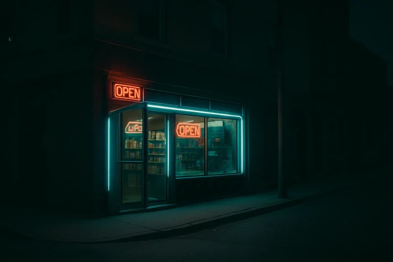 Vue nocturne d'un commerce éclairé par des néons, rue déserte