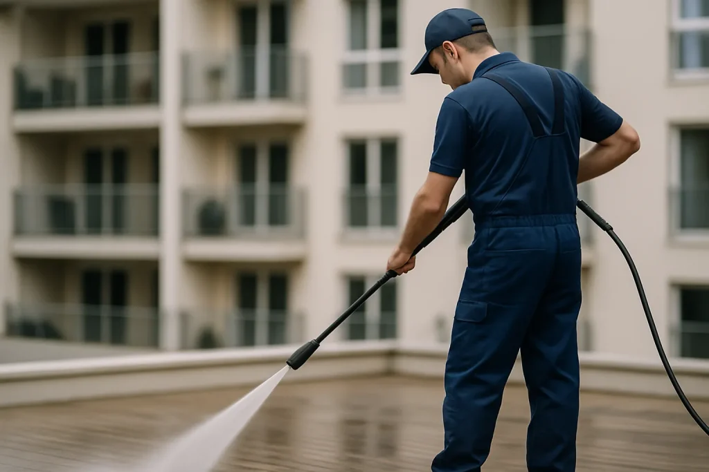 Un professionnel nettoie une terrasse de copropriété avec un jet d'eau à haute pression.