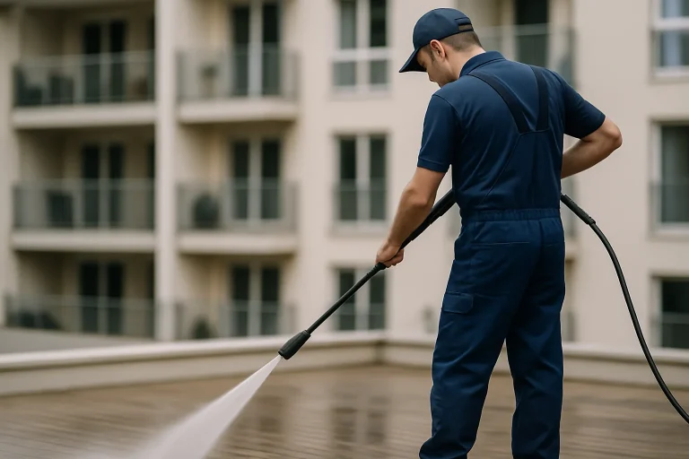 Un professionnel nettoie une terrasse de copropriété avec un jet d'eau à haute pression.