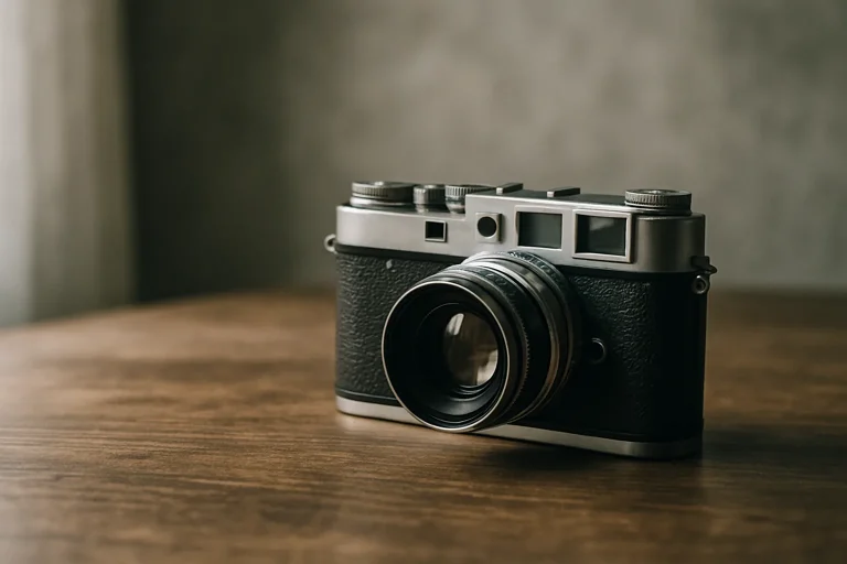 Appareil photo vintage sur une table en bois, lumière latérale douce, ambiance nostalgique