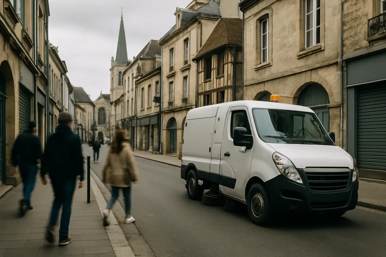 Camionnette de nettoyage d'urgence garée dans une rue historique de l'Allier, passants flous.