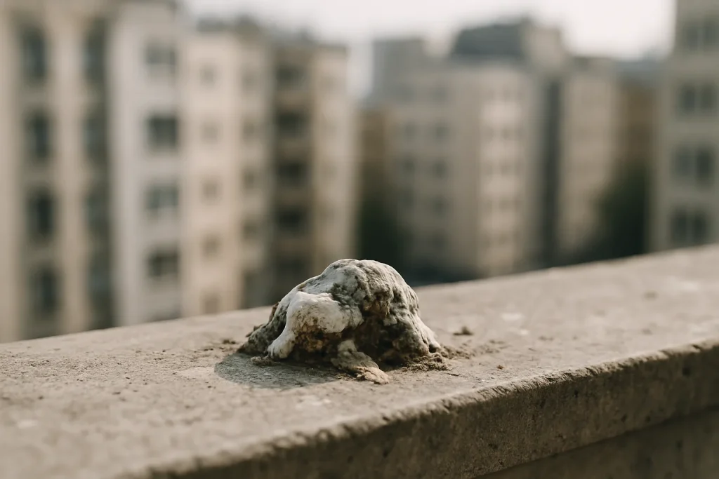 Gros plan de fientes de pigeon sur un rebord de fenêtre en béton, détails de texture visibles.