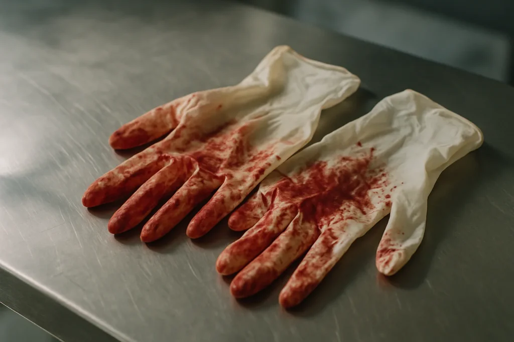 Gros plan sur des gants en latex ensanglantés sur une table en métal.