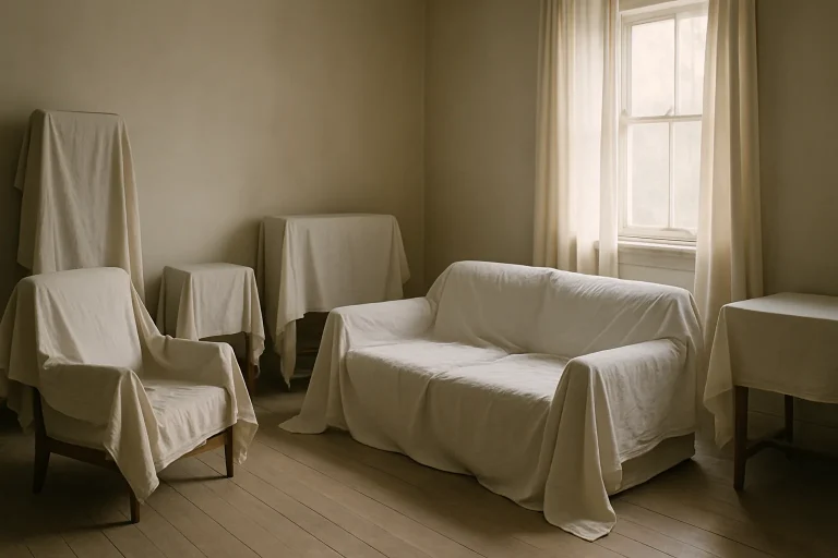 Une pièce encombrée avec des meubles recouverts de draps blancs, lumière douce.