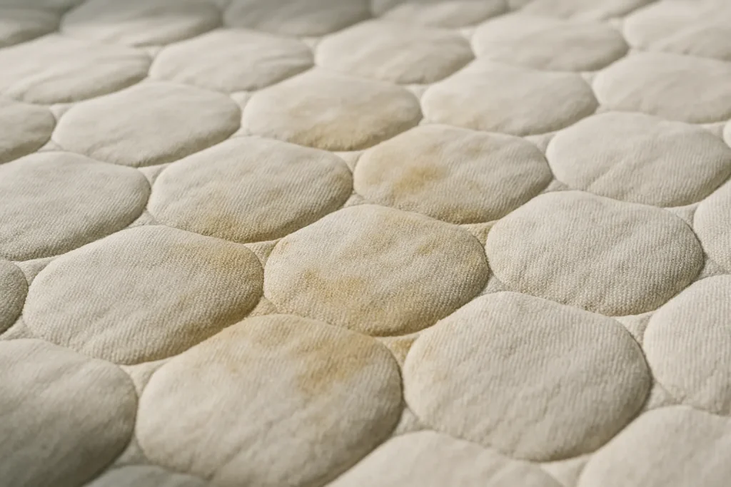Gros plan d'un matelas avec résidus de traitement anti-punaises de lit, lumière douce.