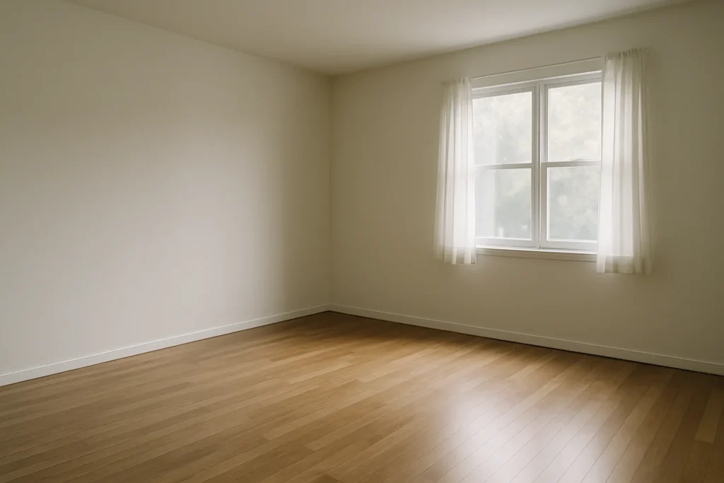 Intérieur d'une pièce vide avec parquet, lumière douce entrant par la fenêtre.