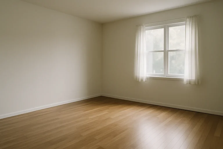 Intérieur d'une pièce vide avec parquet, lumière douce entrant par la fenêtre.