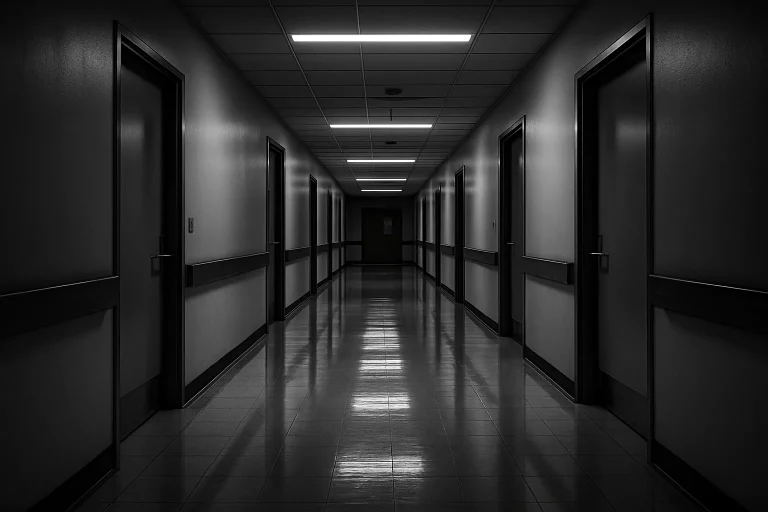 Couloir d'hôpital vide en noir et blanc avec sol brillant et portes fermées.