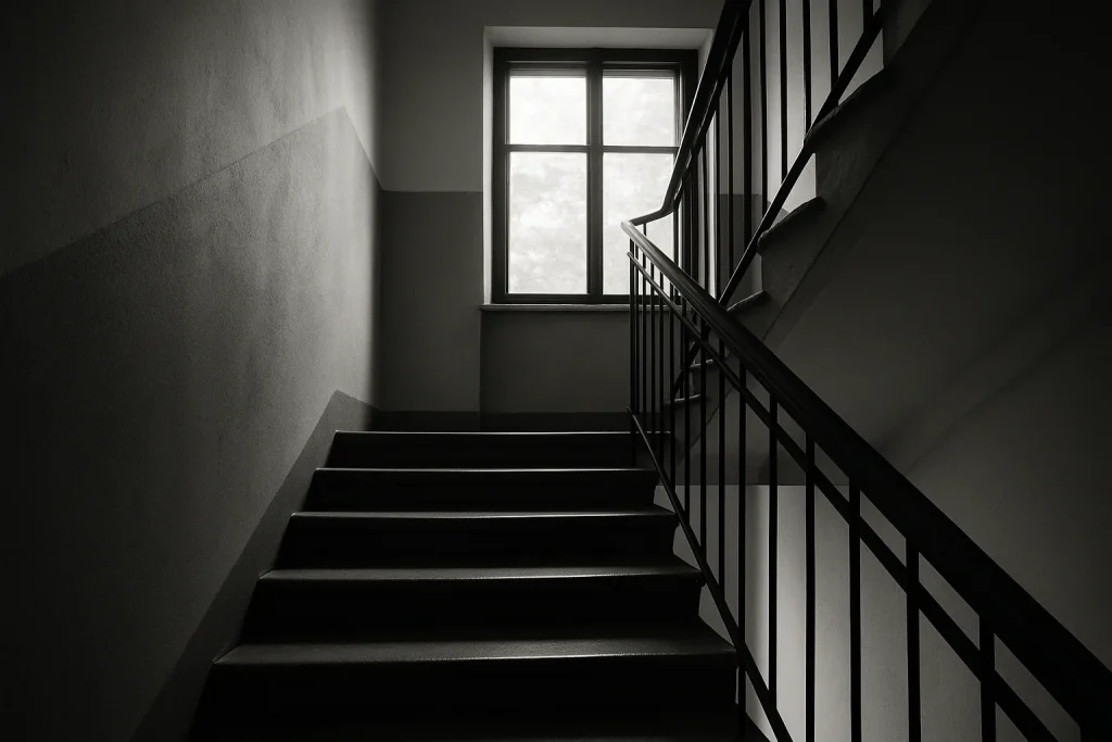 Cage d'escalier vide en noir et blanc avec lumière contrastée.