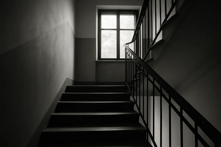Cage d'escalier vide en noir et blanc avec lumière contrastée.
