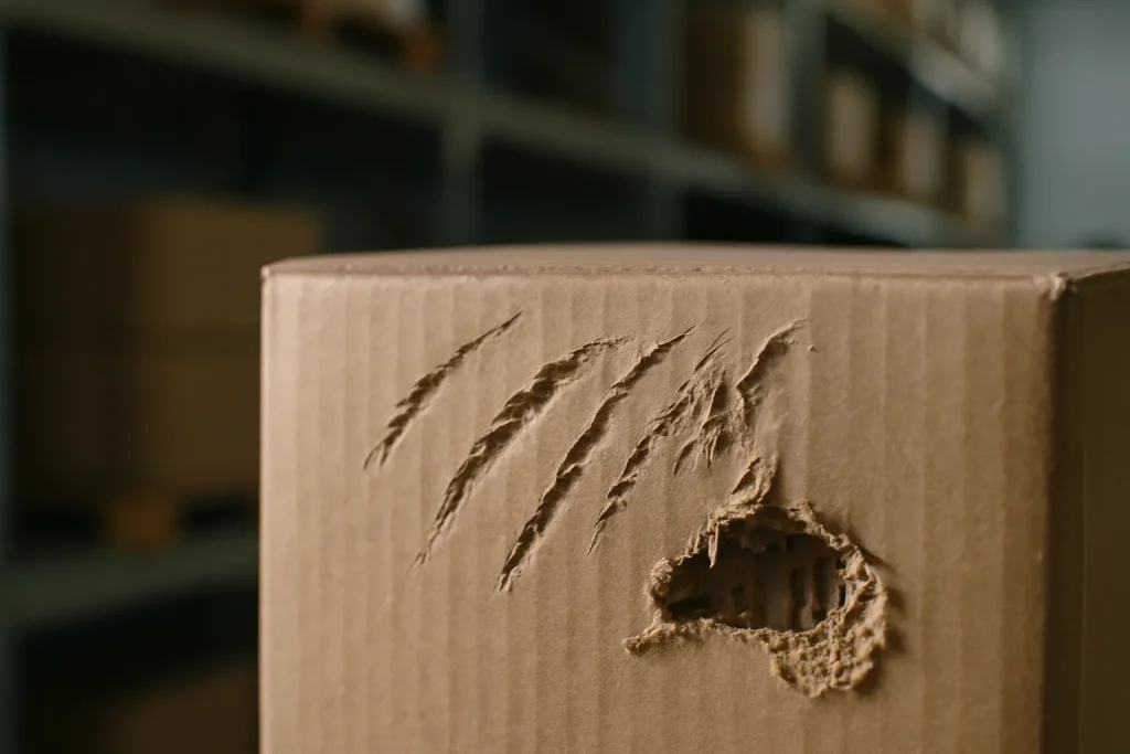 Boîte en carton avec griffures et morsures, indicateur d'infestation de rats.