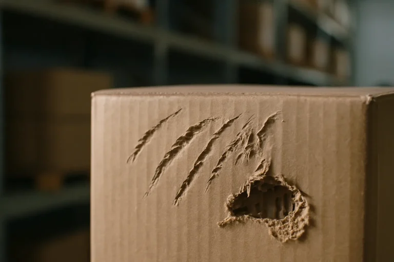 Boîte en carton avec griffures et morsures, indicateur d'infestation de rats.