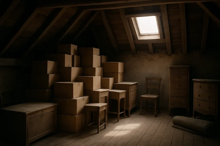Grenier rempli de cartons et meubles anciens sous une lumière douce traversant une lucarne.