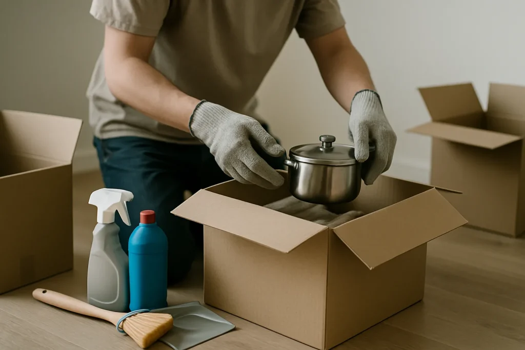 Des mains avec des gants trient des objets dans une maison, cartons et outils visibles.